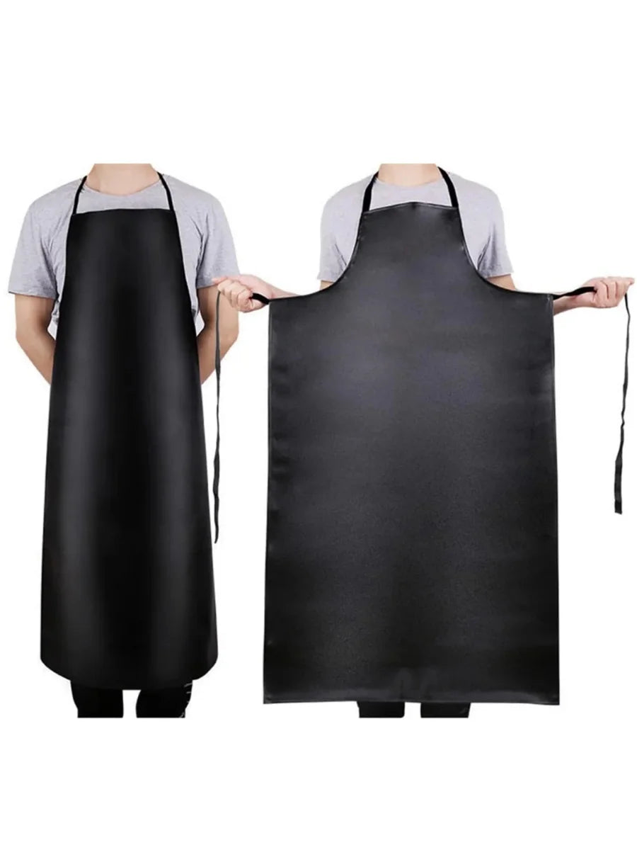 A black heavy-duty waterproof PU leather apron shown being worn by a person.