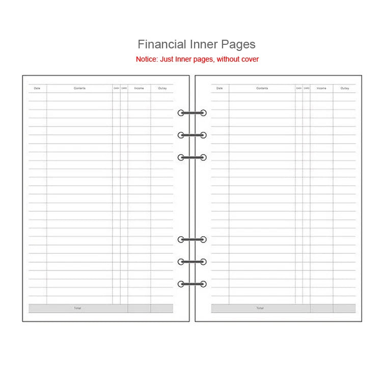 Two facing pages of a financial inner page notebook with ruled lines for recording income and expenses.