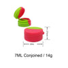 A pink silicone storage jar with a green lid and a lime green component, shown with dimensions.