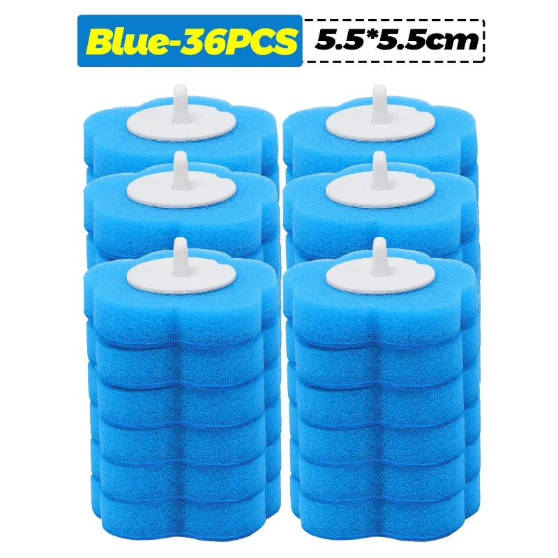 A set of 36 blue disposable toilet cleaning foam sponges with white discs, measuring 5.5x5.5cm each.