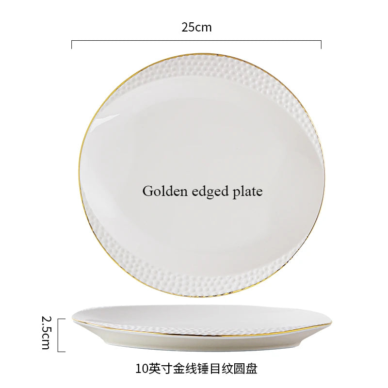 Golden edged plate and soup bowl set with a 25cm diameter plate and a 2.5cm deep bowl.