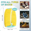 Yellow reusable shoe cleaning bag with white trim, shown next to various types of shoes.
