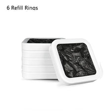 A stack of six white refill rings for kitchen trash cans.