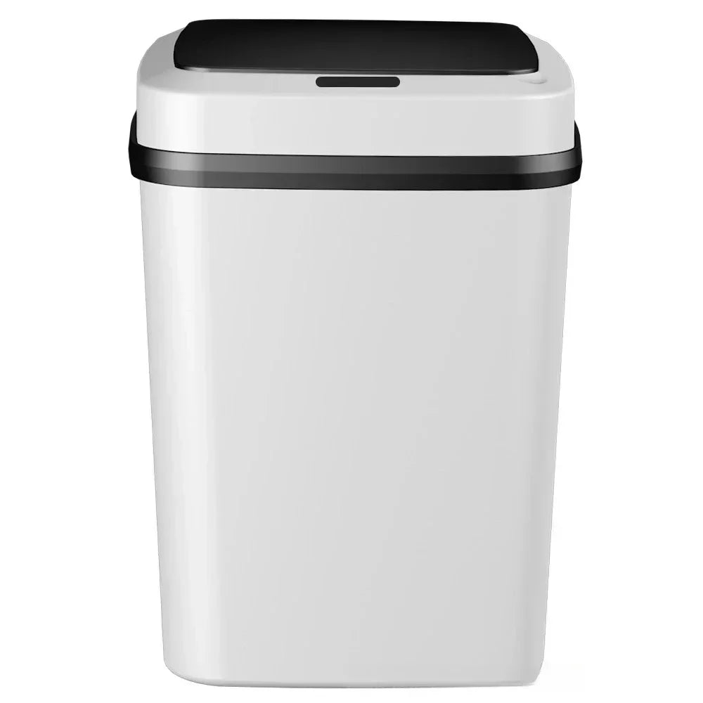A white automatic touchless sensor trash can with a black lid.