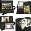 Schwarzes Foto-Scrapbook-Album mit Reise- und Lebenserinnerungen, darunter Bilder einer Brücke, einer Stadtansicht und einem 
