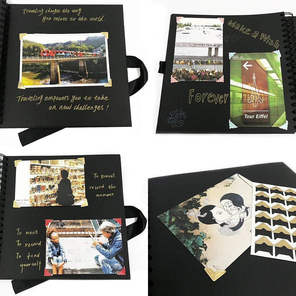Schwarzes Foto-Scrapbook-Album mit Reise- und Lebenserinnerungen, darunter Bilder einer Brücke, einer Stadtansicht und einem 