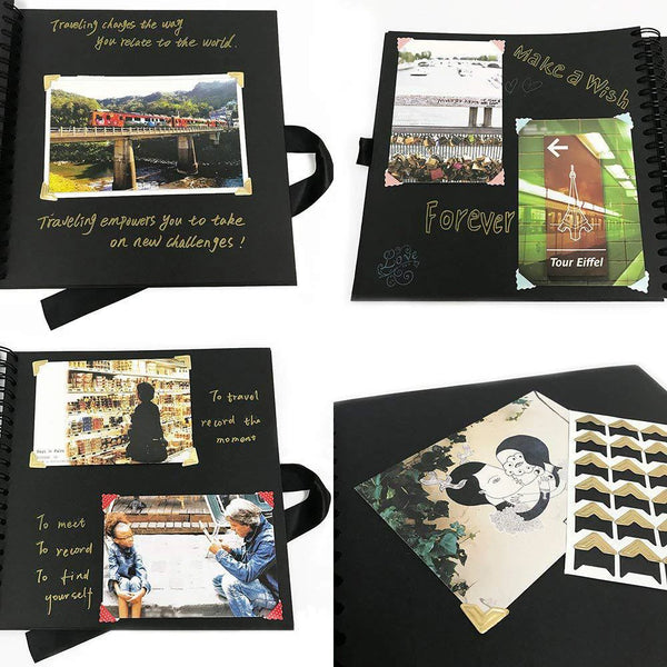 A black photo scrapbook album featuring travel and life memories, including images of a bridge, a city view, and a portrait.