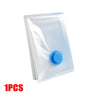 A clear vacuum storage bag with a blue hand pump for compressing clothes and blankets.