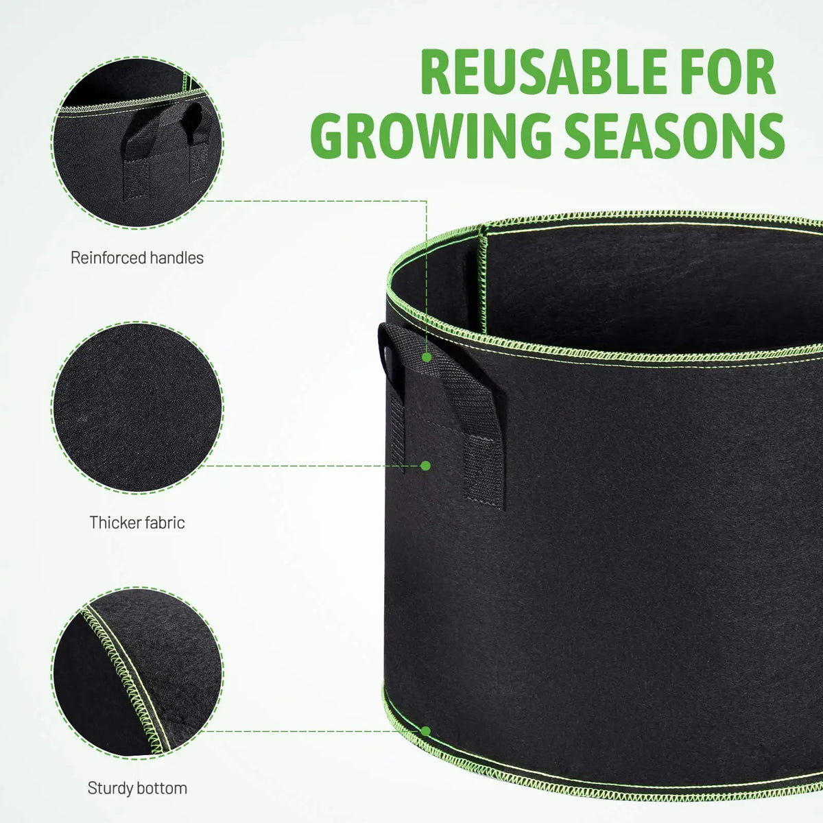 Black reusable plant grow bag with reinforced handles, thicker fabric, and a sturdy bottom.
