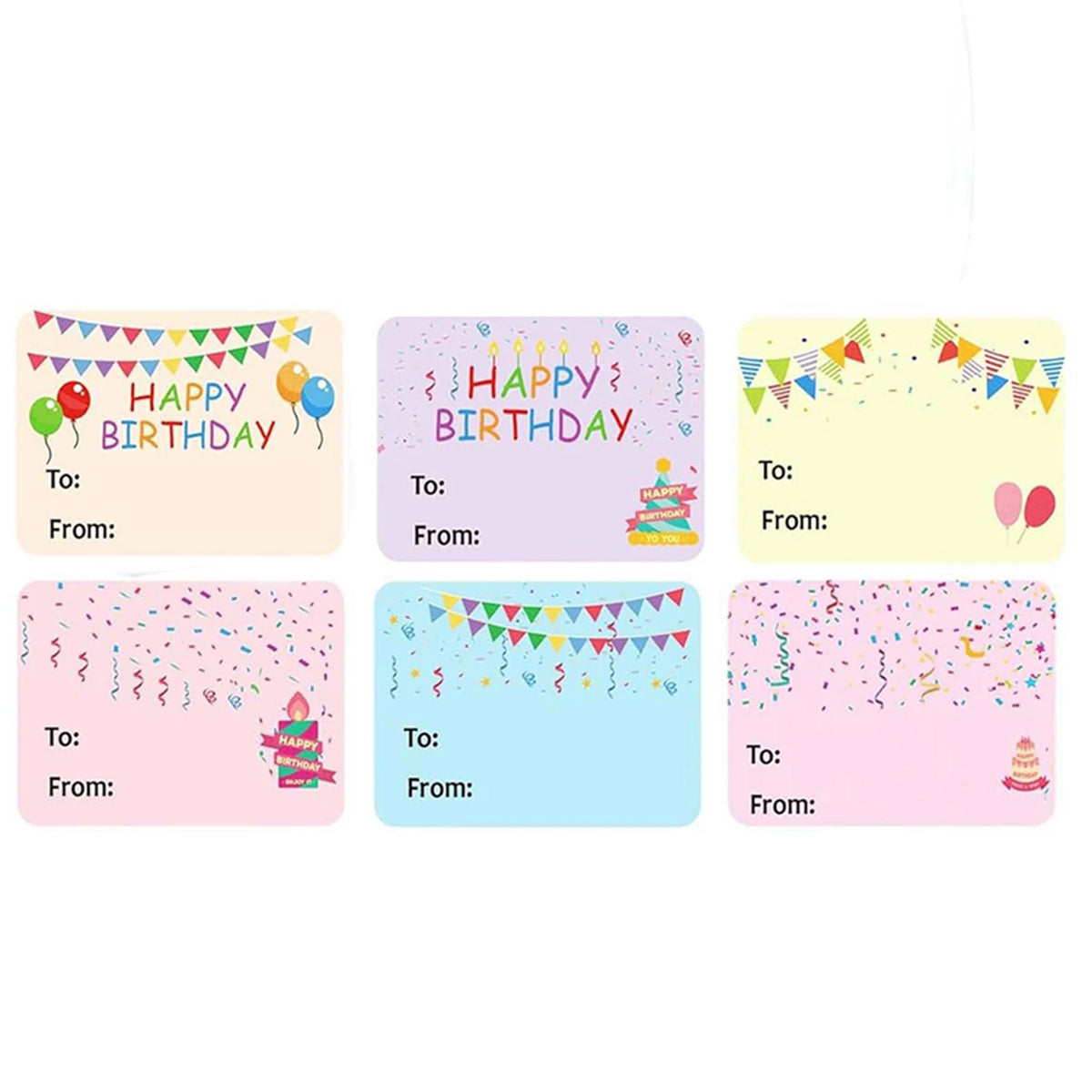 A set of six round self-adhesive gift tags with birthday messages and colorful confetti designs.