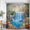 A vibrant shower curtain featuring a tropical scene with a waterfall, lush greenery, and various sea creatures.