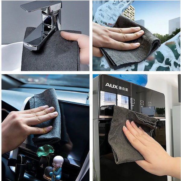 Close-up shots show a black microfiber cleaning cloth being used for various cleaning tasks.