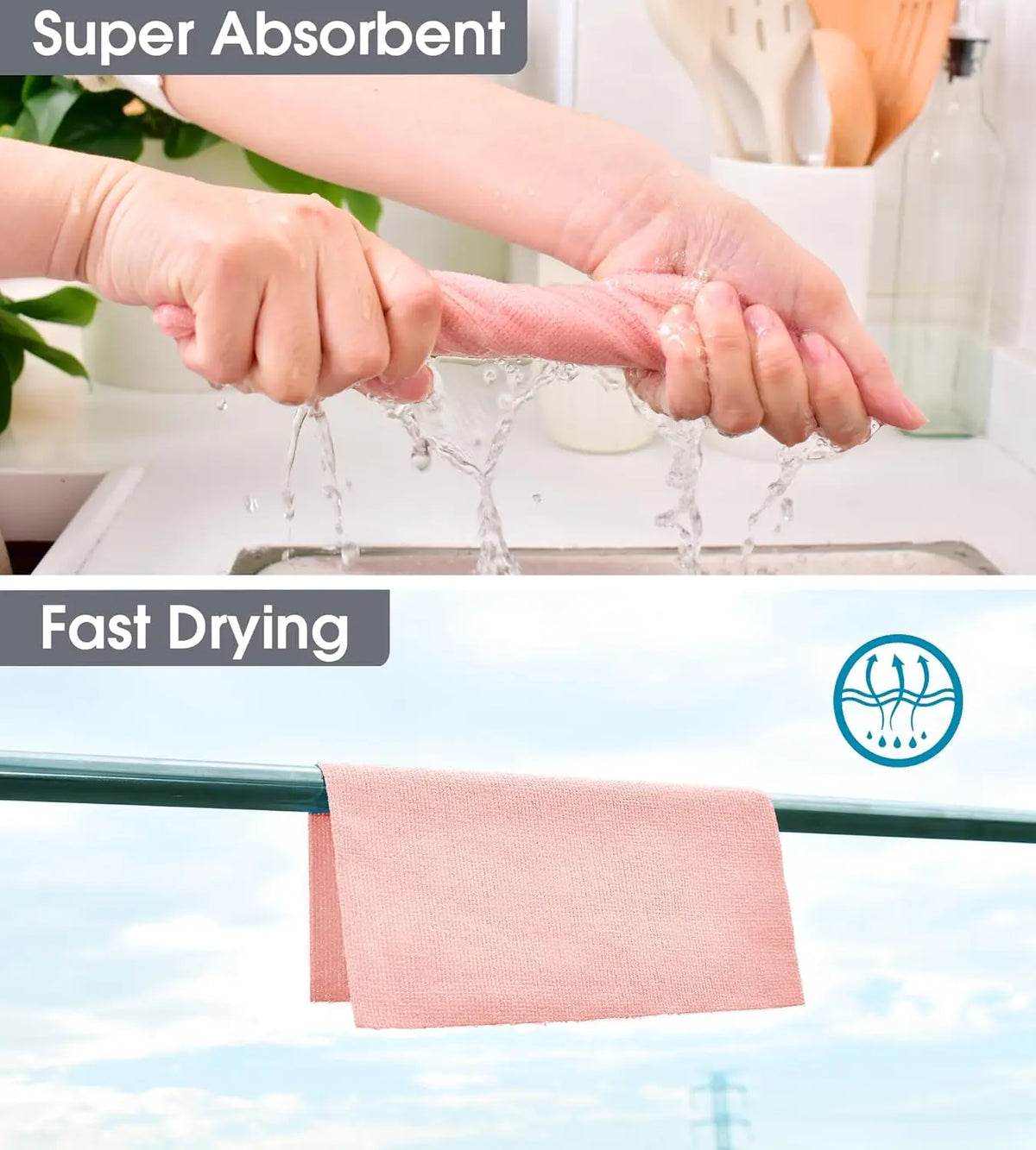 Hands are squeezing a pink reusable microfiber cleaning cloth, demonstrating its absorbency and fast drying properties.