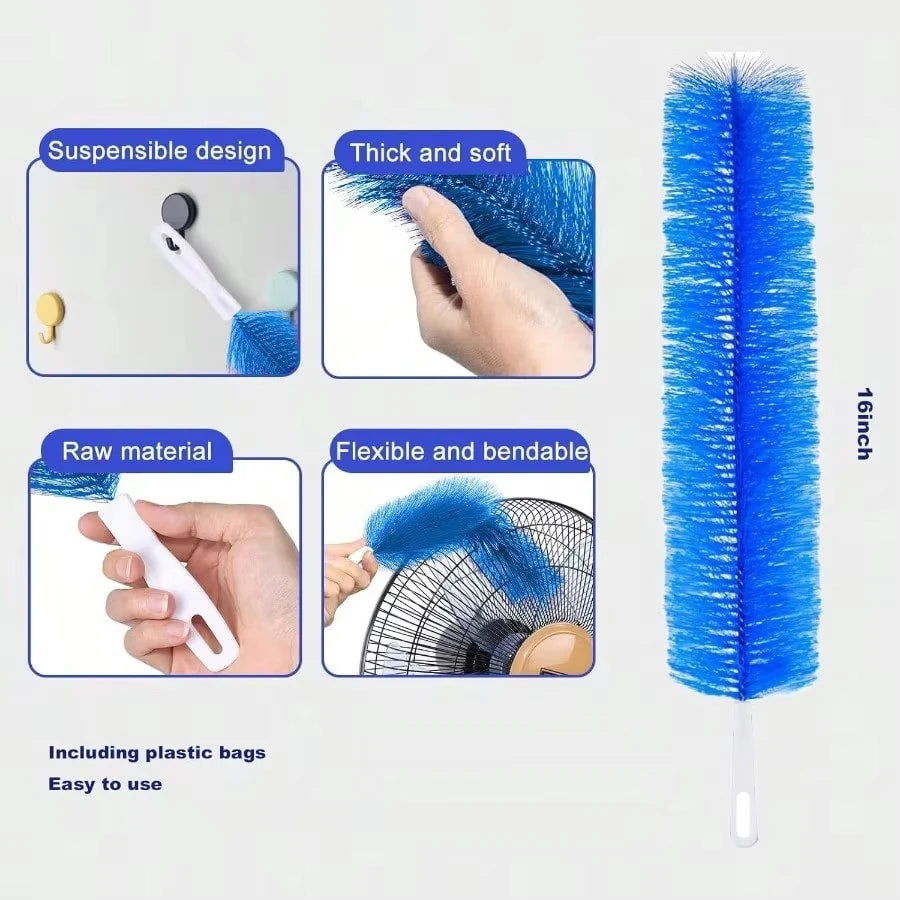 A bright blue flexible cleaning brush with a dense fiber head shown in various contexts.