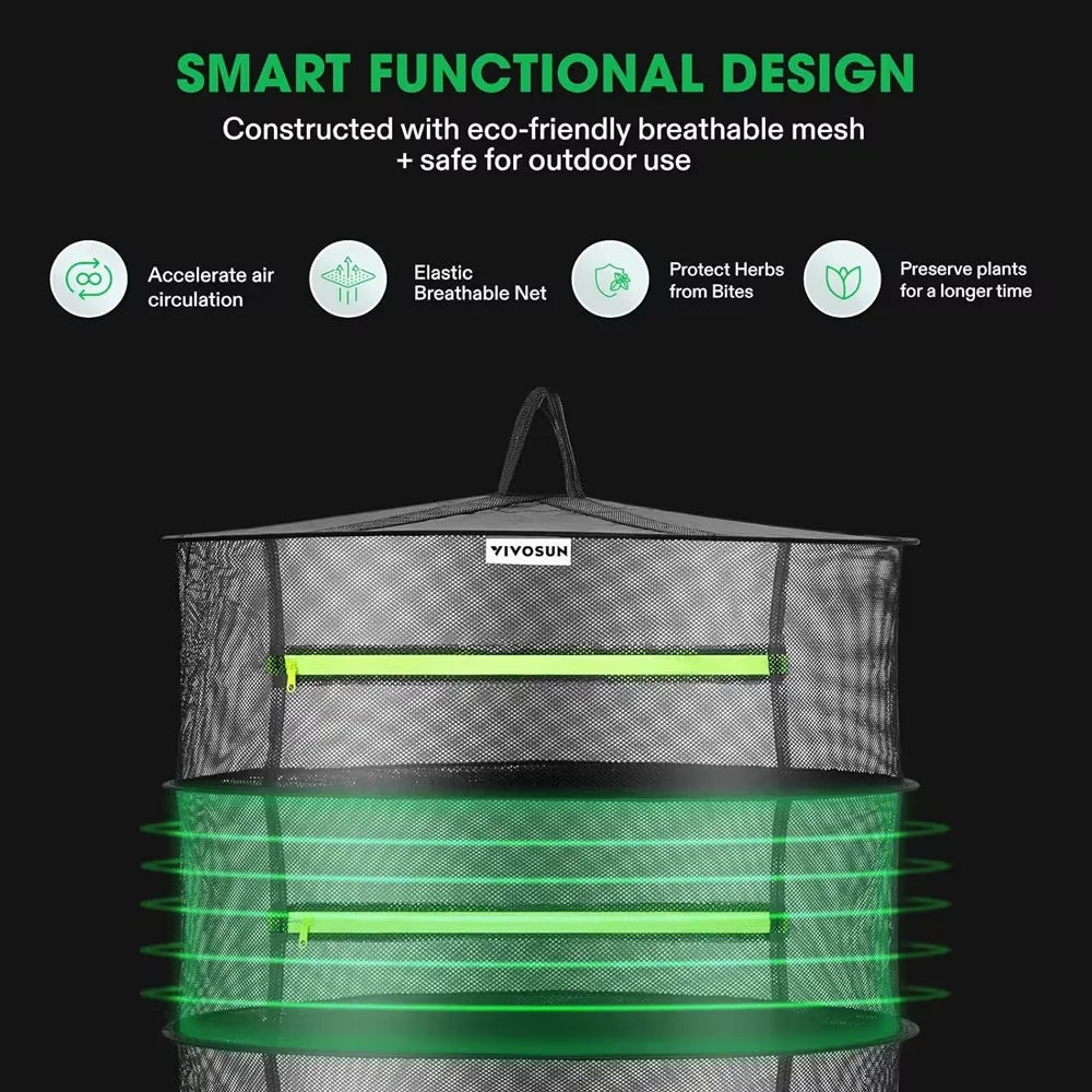 A multi-layer herb drying rack made of breathable mesh with lime green accents.