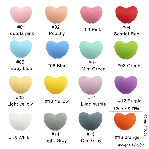Colección de dieciséis cuentas de adorno en forma de corazón de silicona en varios colores, incluyendo rosa, azul, verde, ama