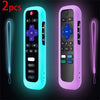 Two glow-in-the-dark silicone remote control covers in cyan and purple with lanyards.