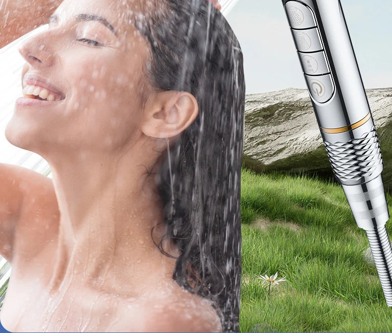 A woman is showering, and a filtered high-pressure shower head is visible on the right side of the image.