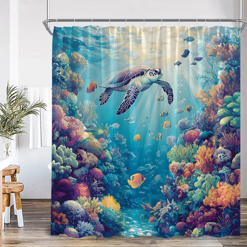 A vibrant tropical sea life shower curtain featuring colorful fish and marine plants.