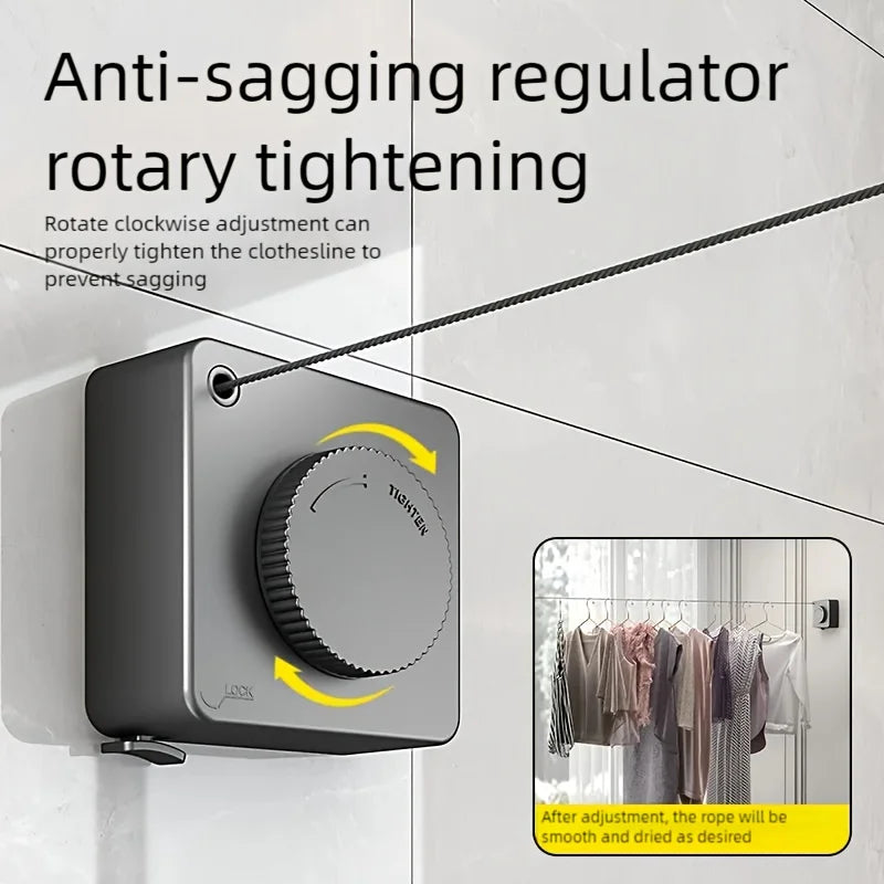 Anti-sagging regulator rotary tightening device used to properly tighten a clothesline rope.
