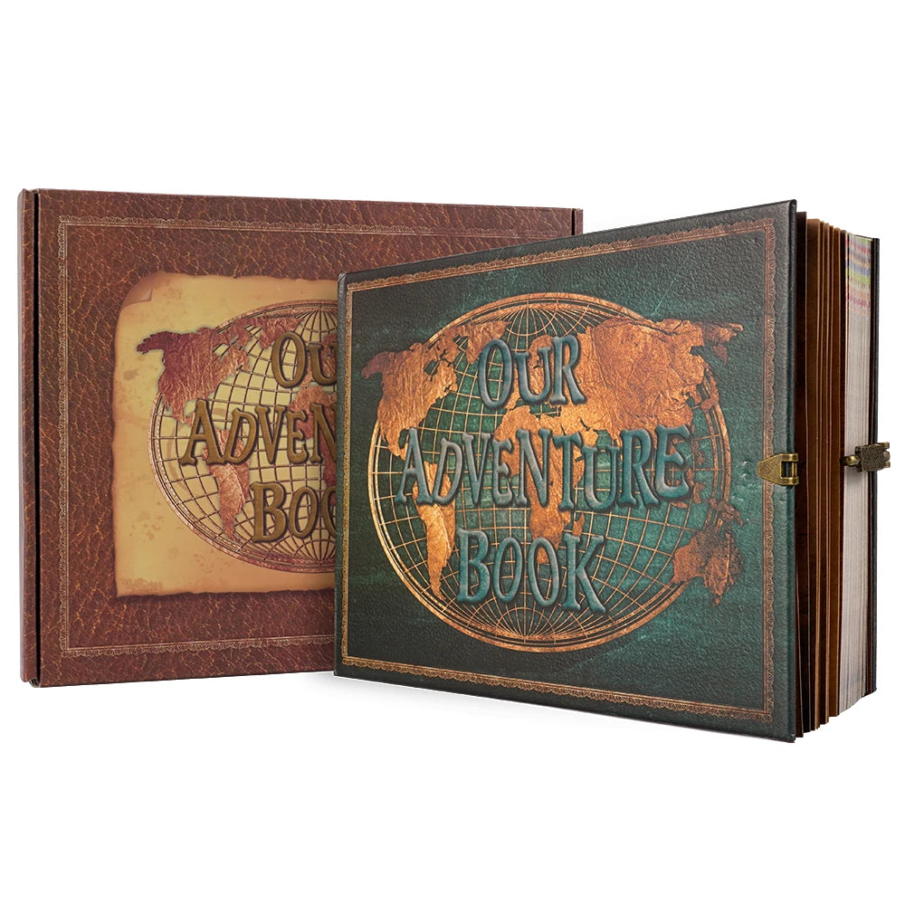 A brown leather-bound photo album with a dark green cover featuring a globe design and the text Our Adventure Book