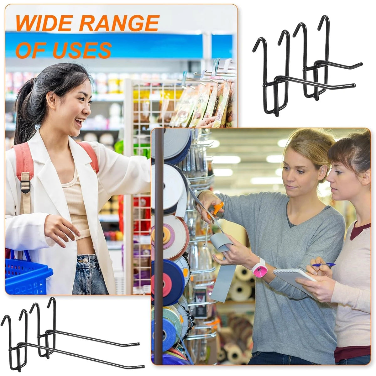 A woman is using heavy-duty black mesh grid display hooks for retail and home organization.