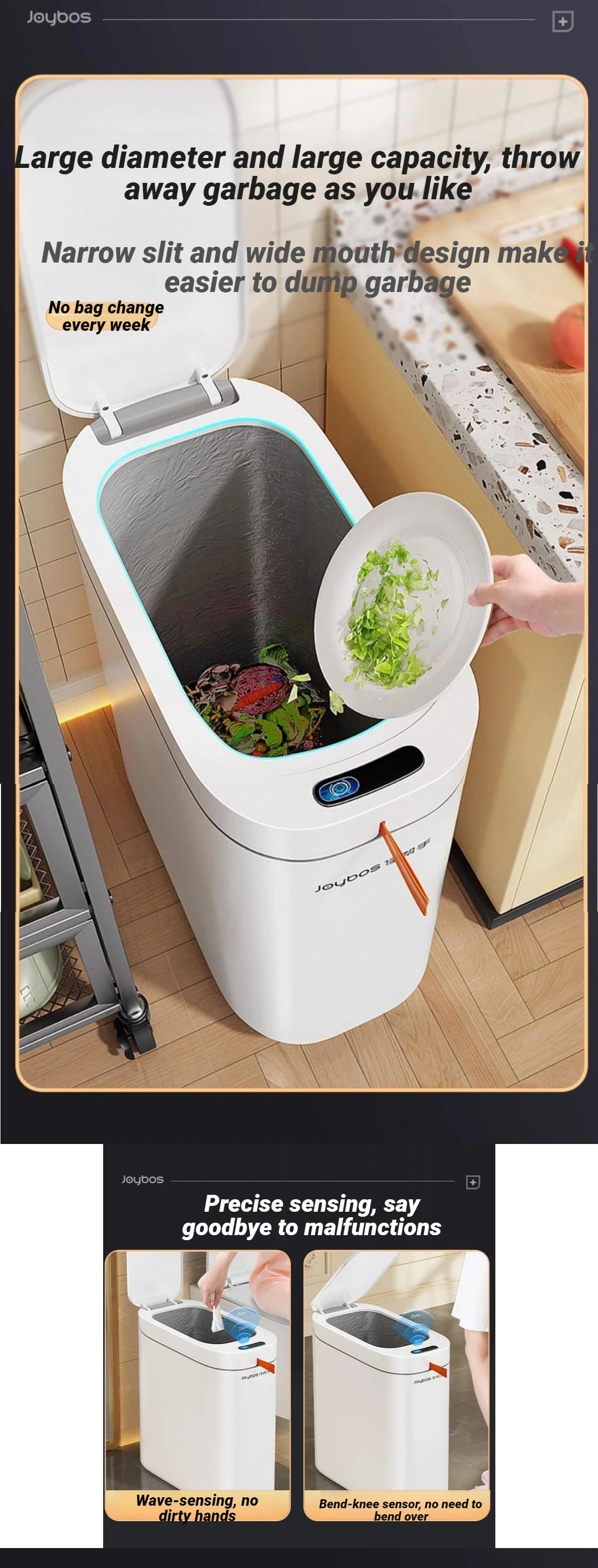 A white Joybos automatic sensor trash can with a large opening is shown, demonstrating its design for easy garbage disposal.
