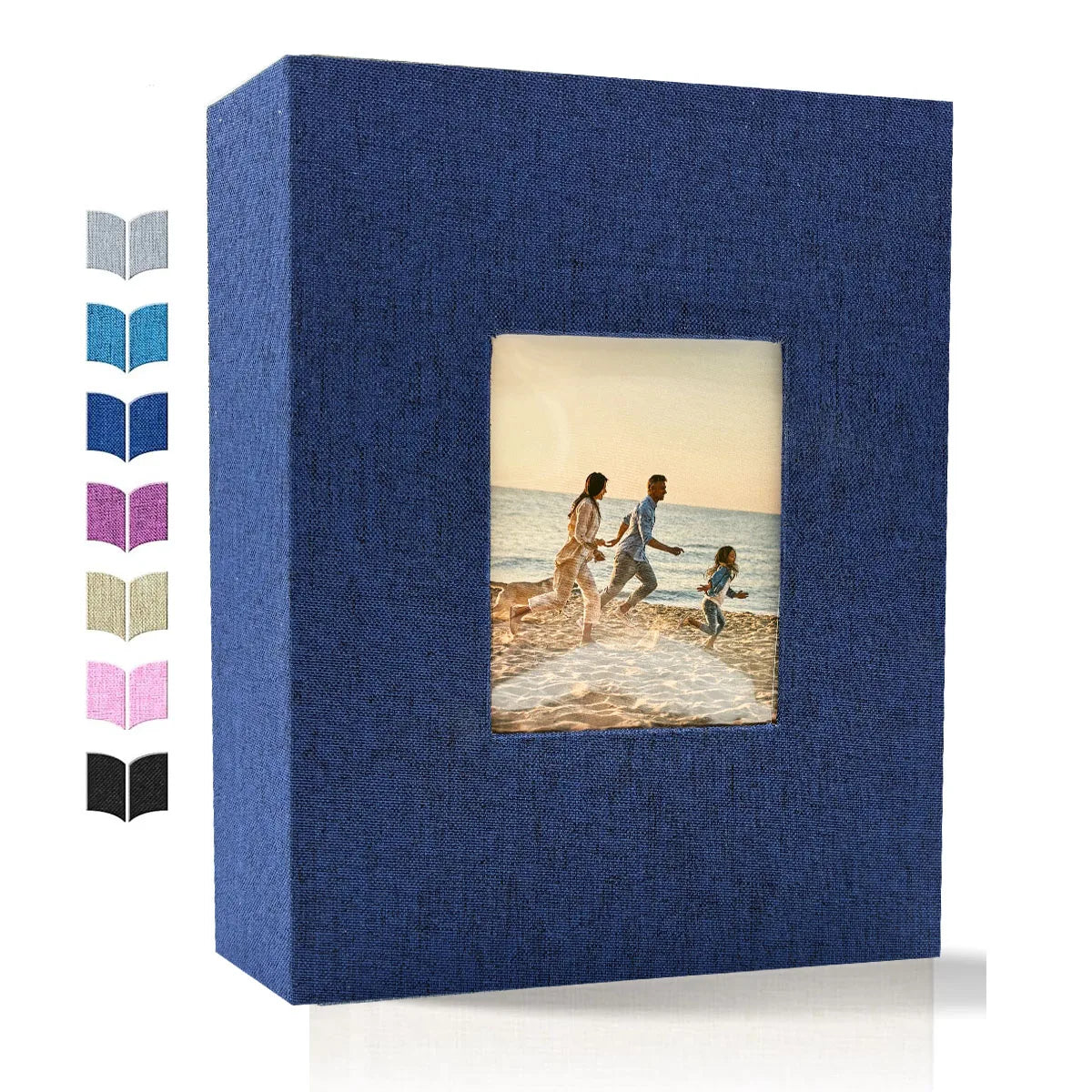 A dark blue linen photo album with a square window displaying a scene of people walking on a beach.