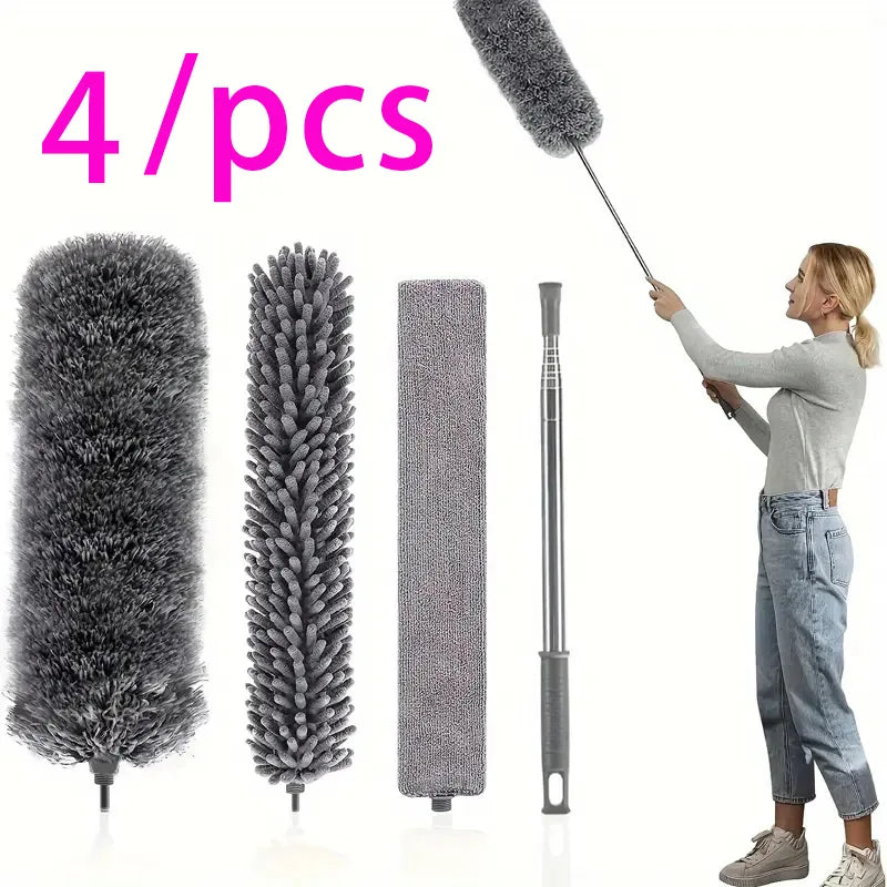 Four retractable microfiber dusters of varying lengths shown next to a woman using one for cleaning.