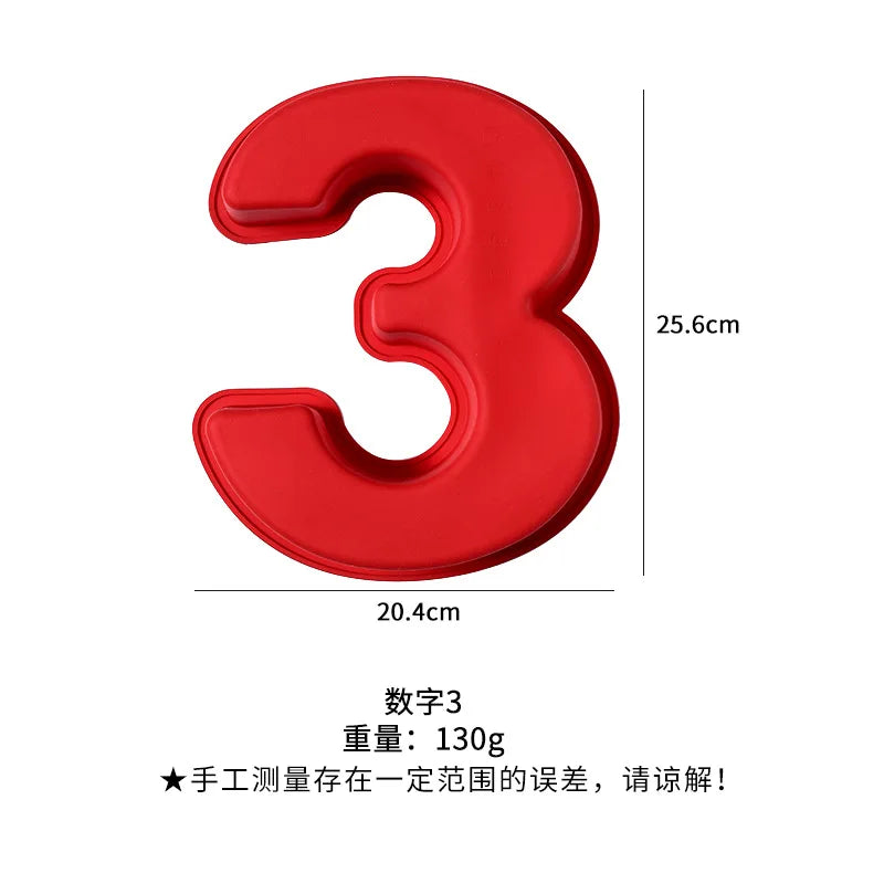 A red silicone number 3 cake mold with dimensions 25.6cm by 20.4cm