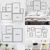 A set of abstract futurism canvas wall art prints displayed on a white wall with various sized frames.