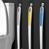 A set of space-saving wall-mounted toilet brushes with long ergonomic handles and bristles hanging on a dark wall.