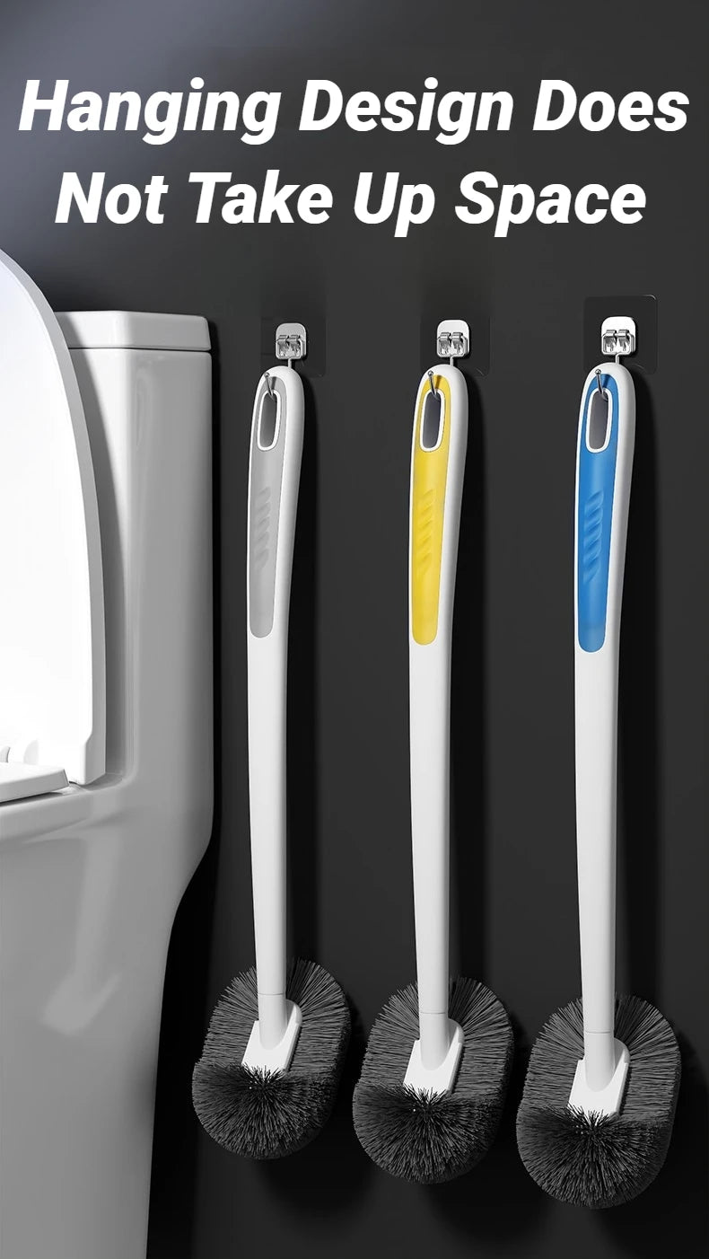 A set of space-saving wall-mounted toilet brushes with long ergonomic handles and bristles hanging on a dark wall.