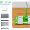 A green reusable microfiber mop pad is shown cleaning a wooden floor, demonstrating its adaptability to various flooring type