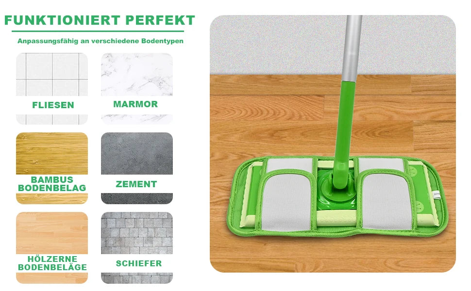 A green reusable microfiber mop pad is shown cleaning a wooden floor, demonstrating its adaptability to various flooring type