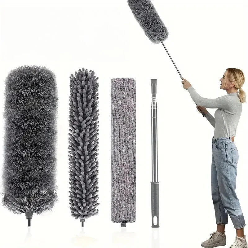 A woman is holding a retractable microfiber dust duster, showing various sizes of the cleaning tool.