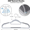 A white plastic hanger with 360 degree swivel hooks shown alongside various dimensions.