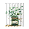 A shower curtain featuring a tropical garden design with green leaves and butterflies surrounding a jar labeled lucky