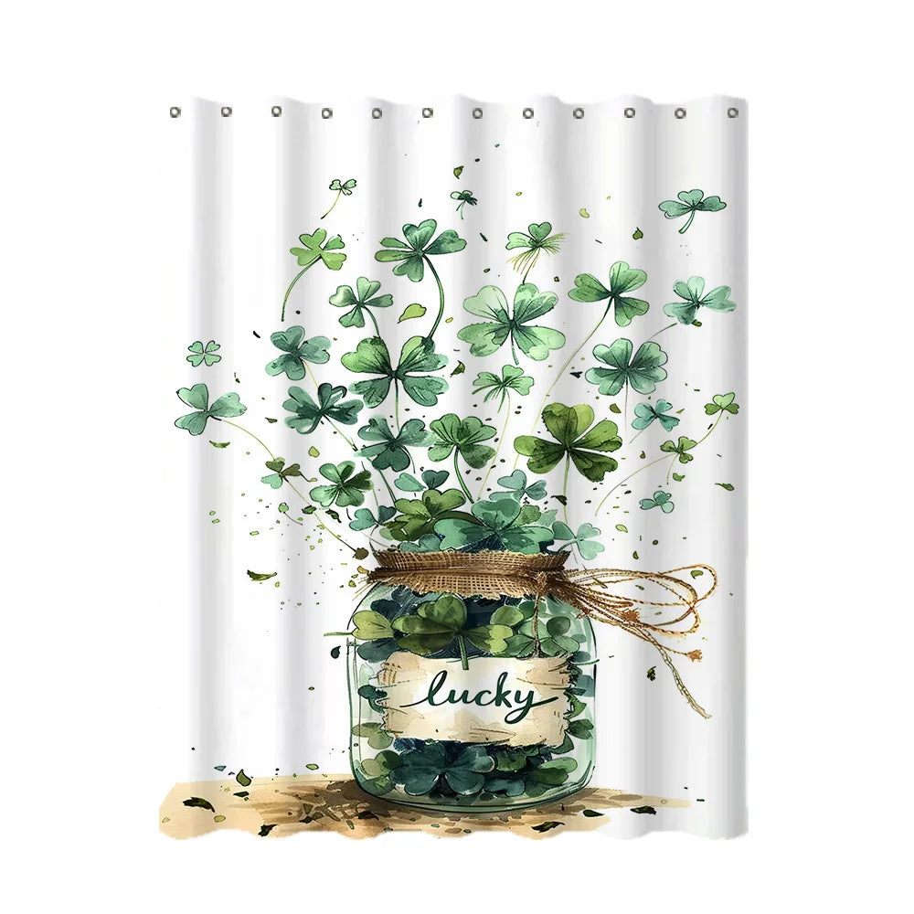 A shower curtain featuring a tropical garden design with green leaves and butterflies surrounding a jar labeled lucky