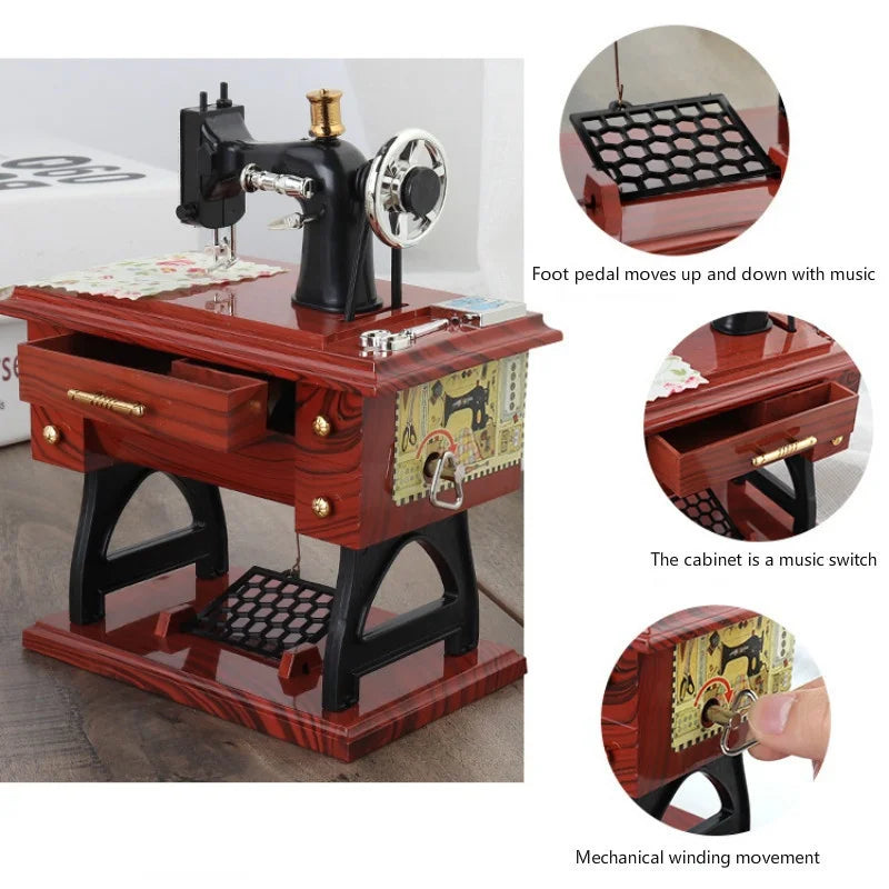 A wooden clockwork sewing machine music box with a foot pedal and mechanical winding movement.