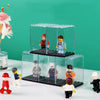 A clear dustproof display case for collectibles featuring various minifigures arranged in tiered sections.
