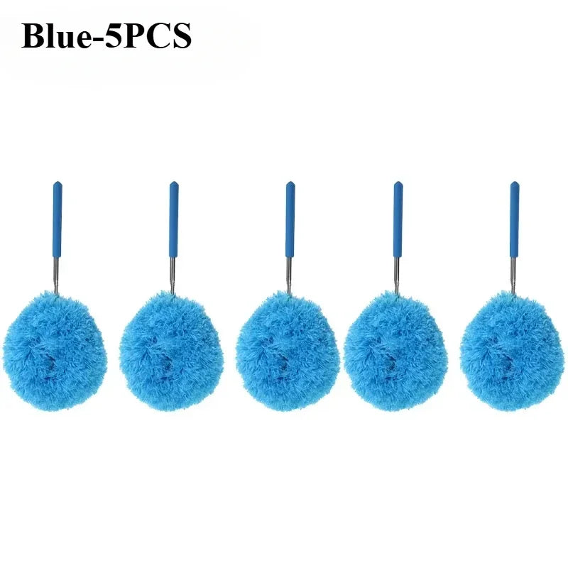 Five blue extendable microfiber dusters with handles shown individually.