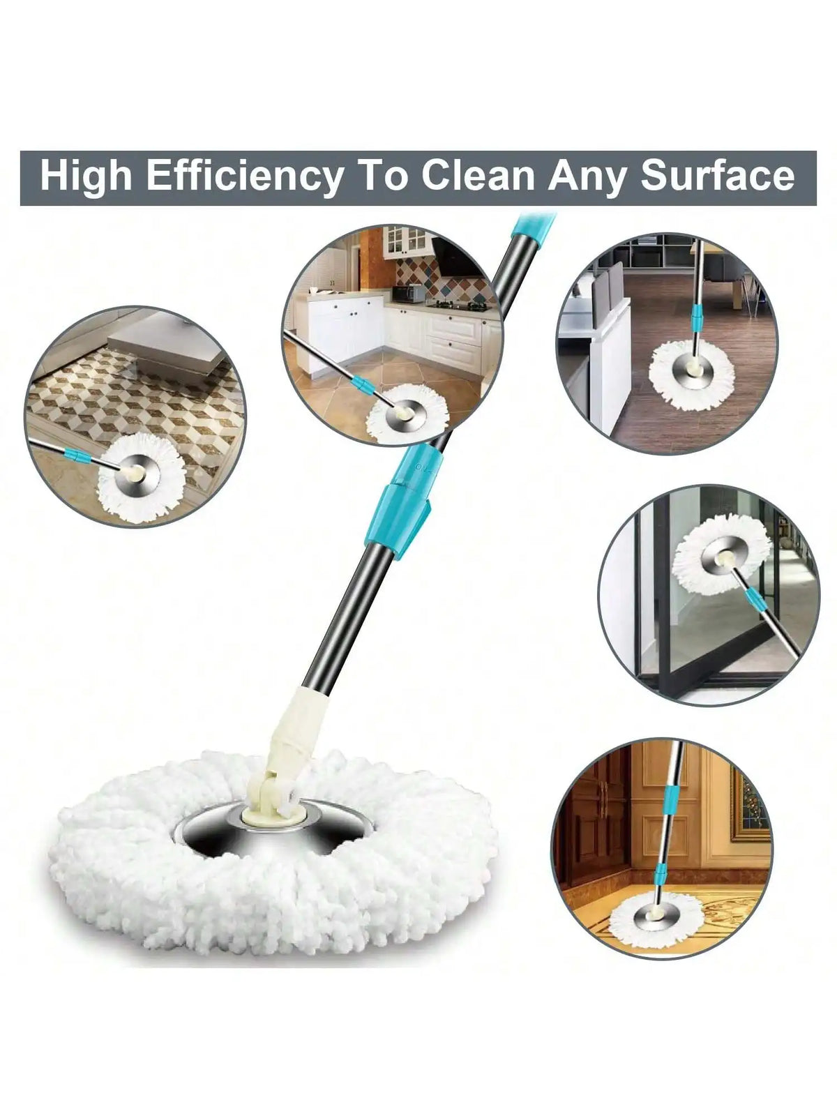 A cleaning tool set featuring multiple microfiber spin mop heads and a handle for high-efficiency surface cleaning.