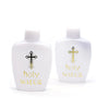A white bottle of holy water with a gold cross design and the words holy water printed on the label.