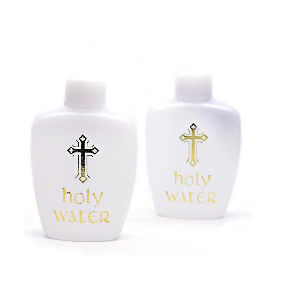 A white bottle of holy water with a gold cross design and the words holy water printed on the label.