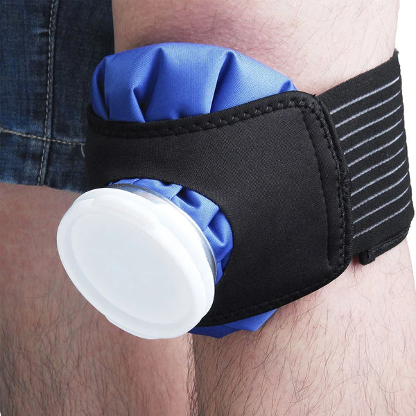 Reusable ice pack with blue fabric and a white plastic cap wrapped around a wrist.