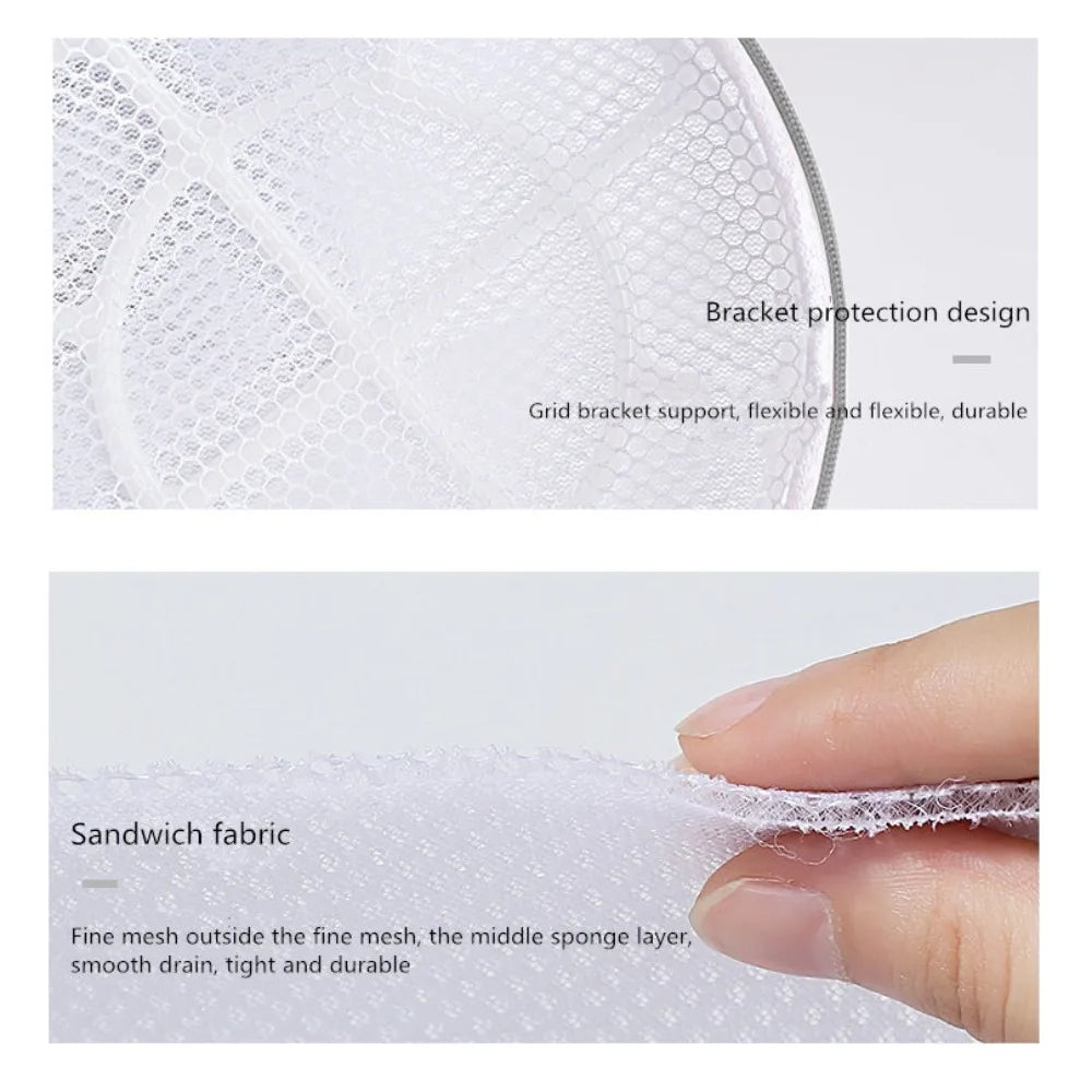 Close-up view of a white mesh laundry bag showing the grid bracket support and sandwich fabric layers.