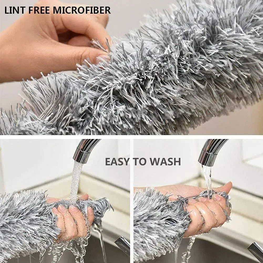Close-up of a gray lint-free microfiber duster being washed under running water.