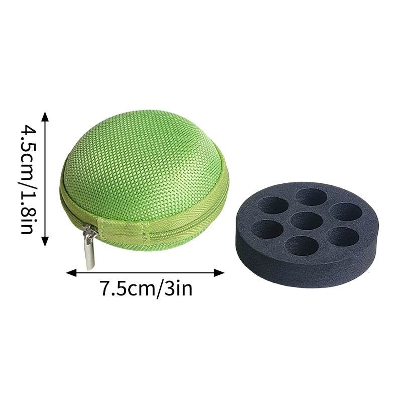 A portable peptide storage case consisting of a green mesh sphere and a black disc with multiple holes.