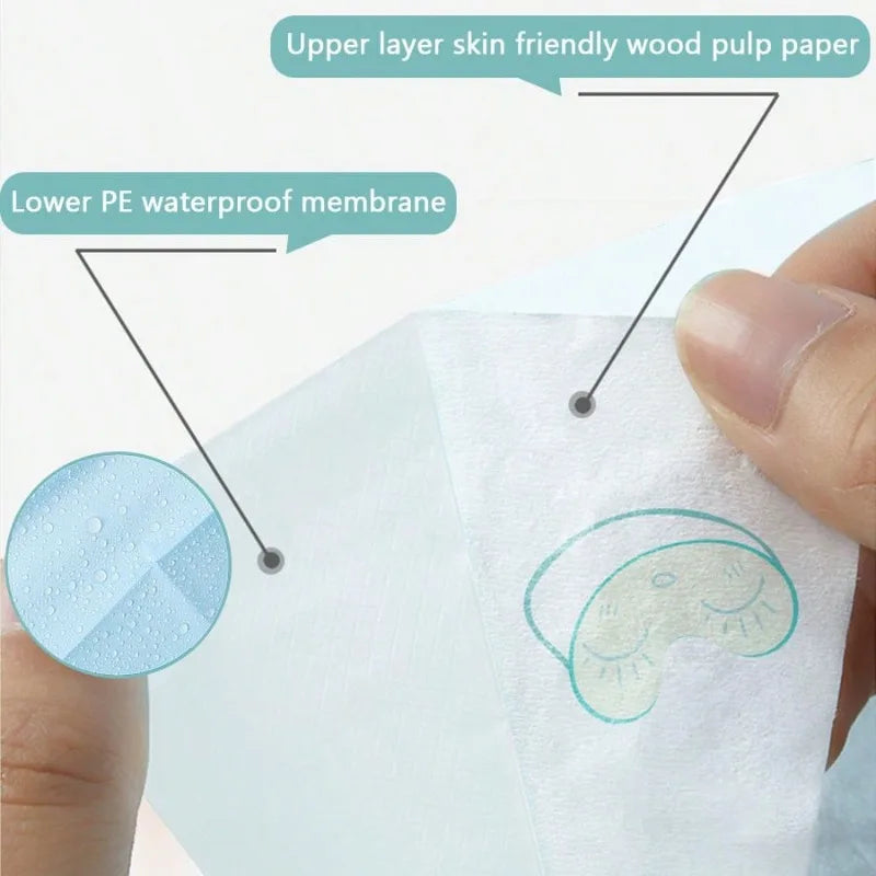 A hand is holding a disposable toilet seat cover showing the upper layer and lower waterproof membrane.